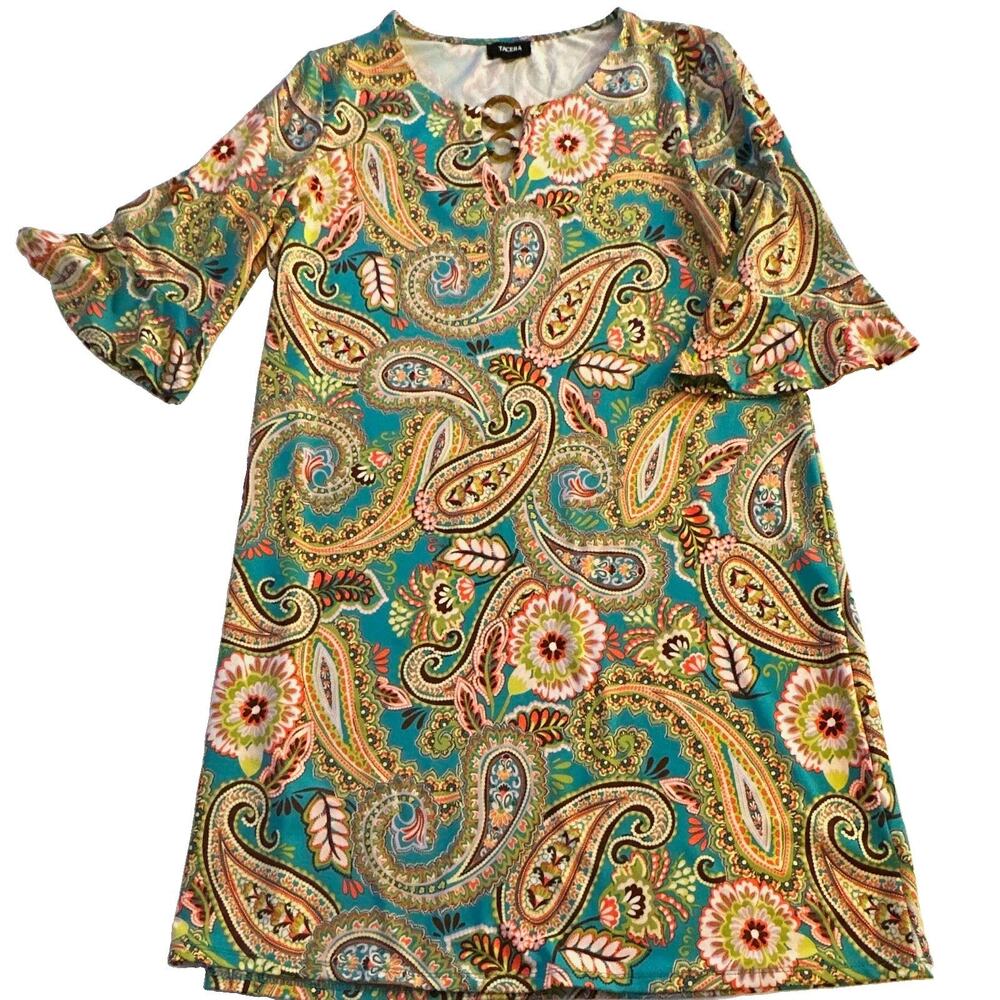 Tacera Womens M Teal Multicolor Paisley V Neck Ring 3/4 Bell Tunic Blouse Boho